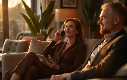 Femme parlant au telephone, rassure et souriante, assise dans un salon haut de gamme, representant un accompagnement personnalise pour un voyage sur mesure en Thailande