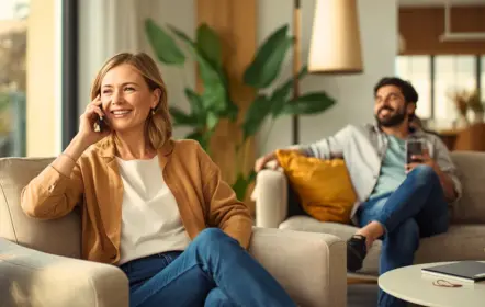 contact-voyage-thailande Femme au téléphone avec son mari à ses côtés, représentant l’assistance téléphonique pour organiser un voyage en Thaïlande