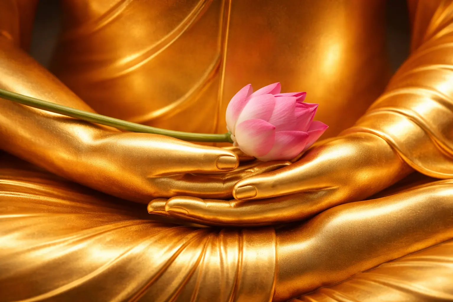 Gros plan sur une statue dorée de Bouddha tenant une fleur de lotus dans ses mains