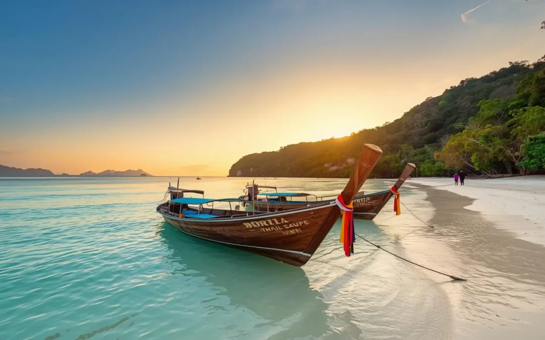 Vue depuis Koh Lipe bateau longtail, plage jungle et eaux turquoise