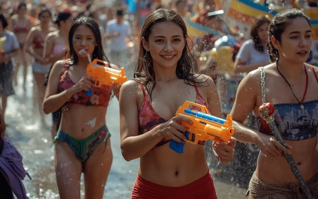 Fête de Songkran en Thaïlande, foule arrosant dans les rues avec pistolets à eau