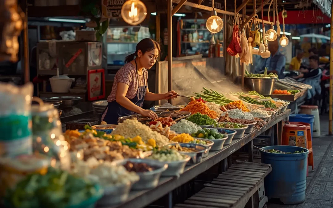 Marché street food thaï au coucher du soleil, budget voyage Thaïlande par jour 2026