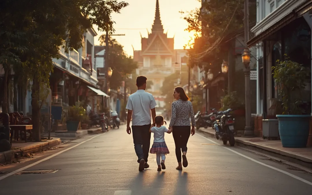 Famille avec enfants dans la vieille ville de Chiang Mai en Thaïlande au coucher du soleil