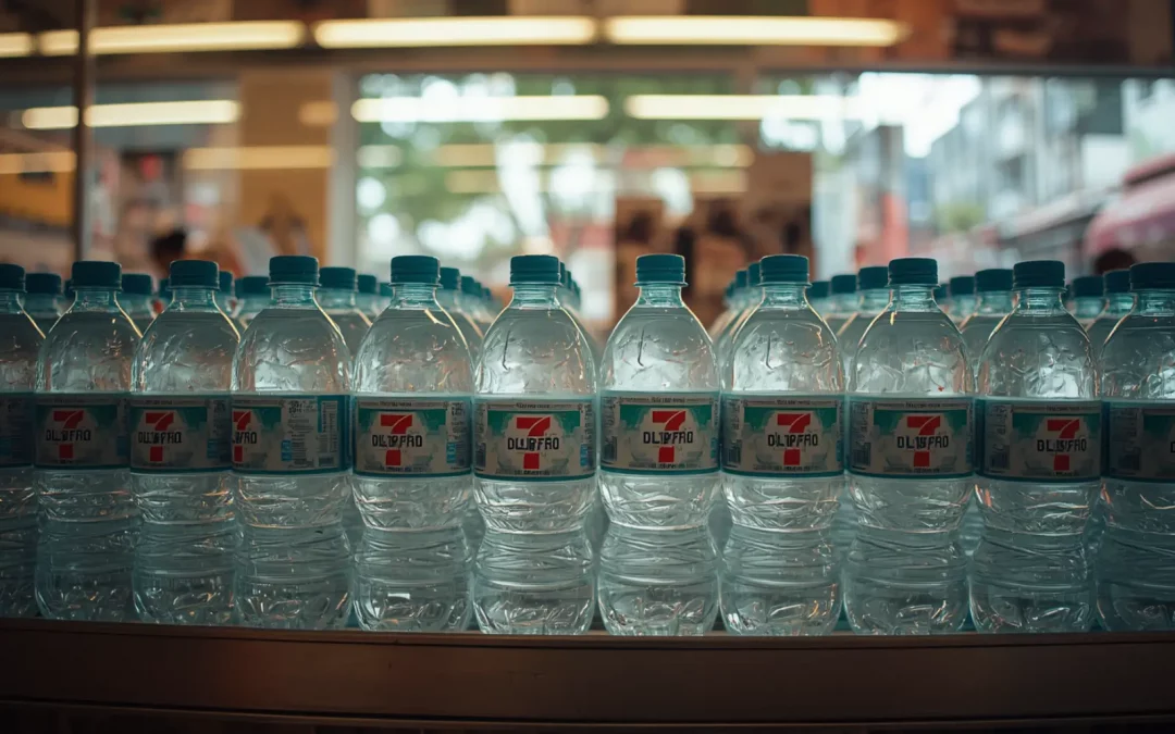 Bouteilles d'eau en vente dans une épicerie de rue à Bangkok Thaïlande à partir de 7 THB