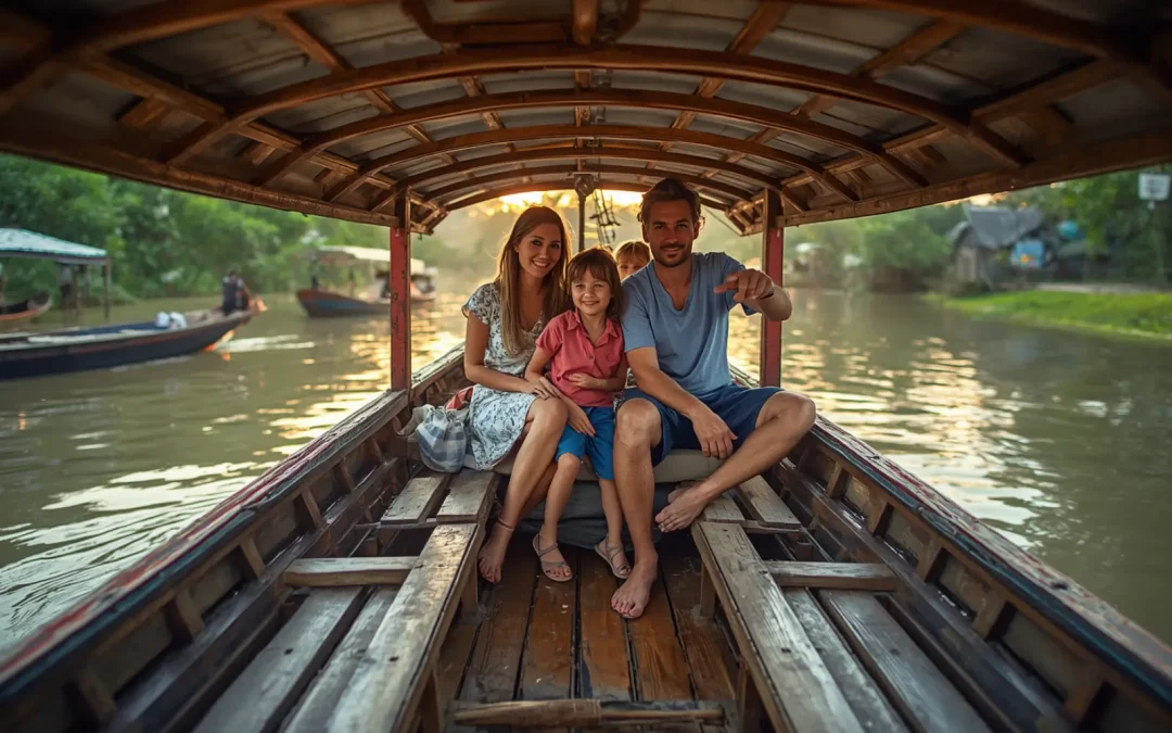 Famille avec enfants explorant un marché flottant en Thaïlande au lever du soleil