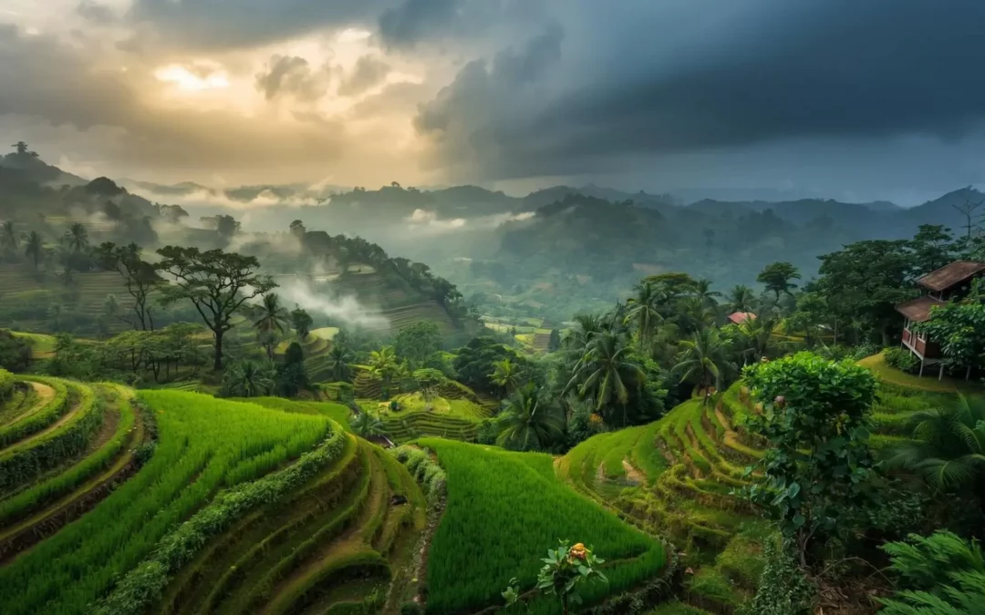 Rizières en terrasses vertes de Thaïlande du Nord sous ciel de mousson avec brume matinale