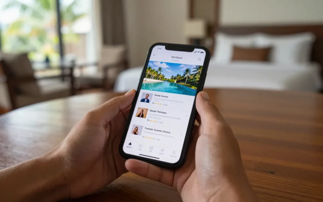 Consultation d'avis d'hôtel en Thaïlande sur smartphone avant réservation