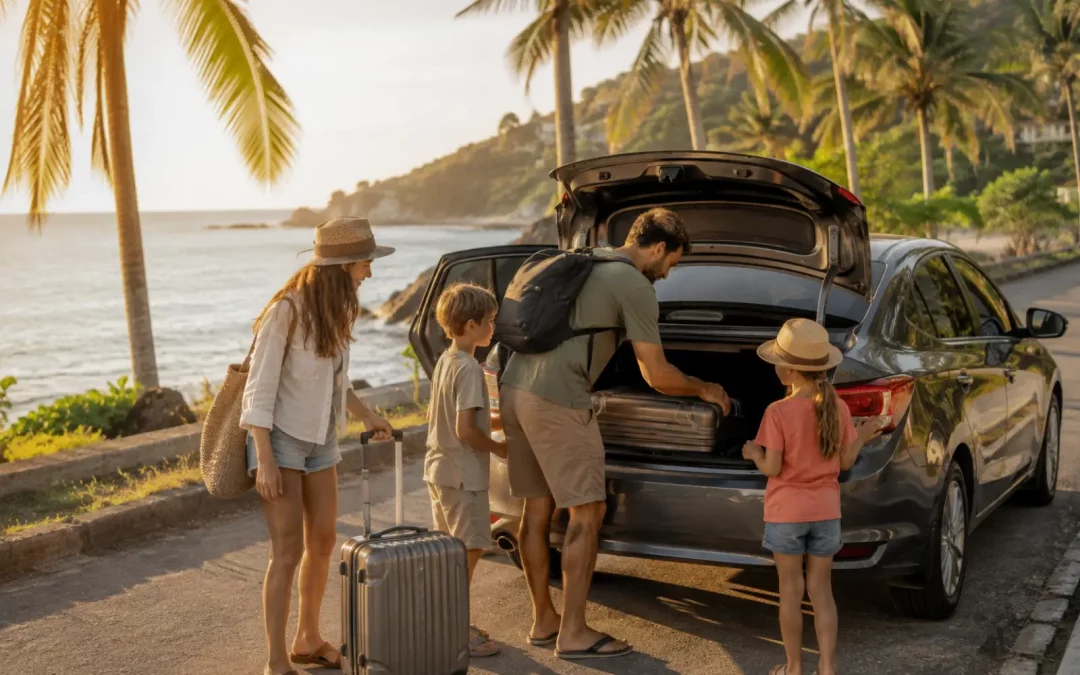 Famille chargeant les bagages dans une voiture de location sur une route côtière en Thaïlande