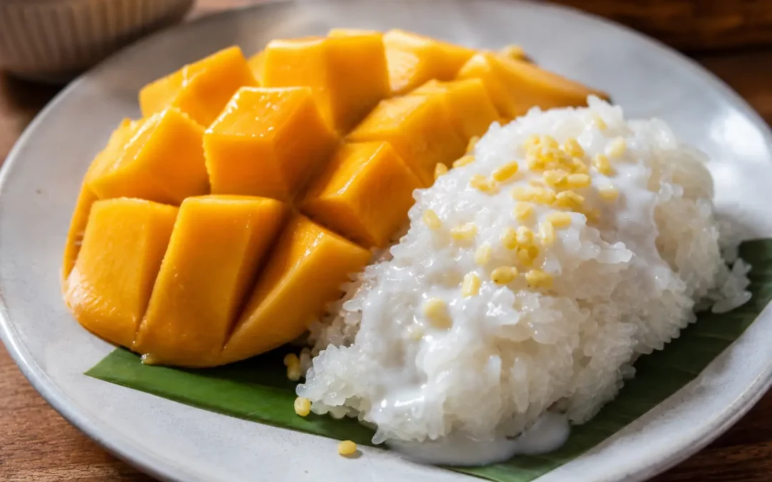 Mango sticky rice thaïlandais avec mangue mûre et riz gluant au lait de coco