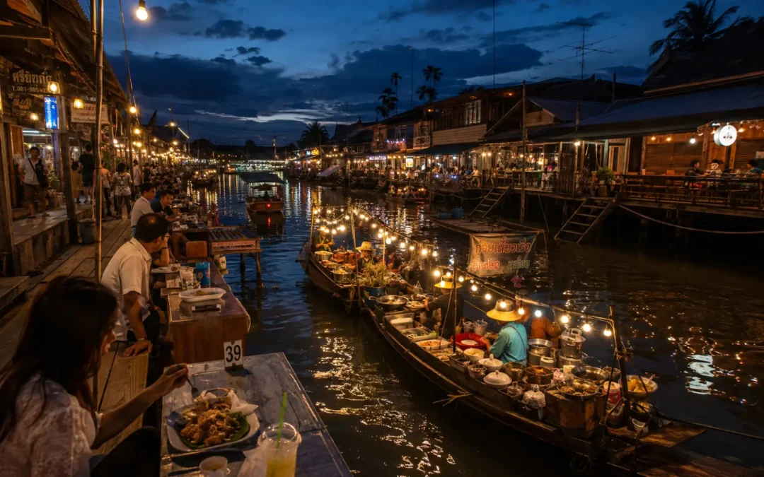 Bateaux-cuisines illuminés sur le canal du marché flottant d'Amphawa au crépuscule
