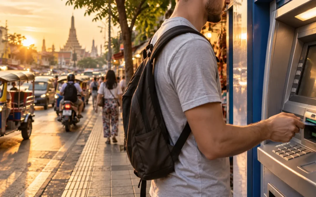 Touriste retirant des bahts thaïlandais à un distributeur à Bangkok