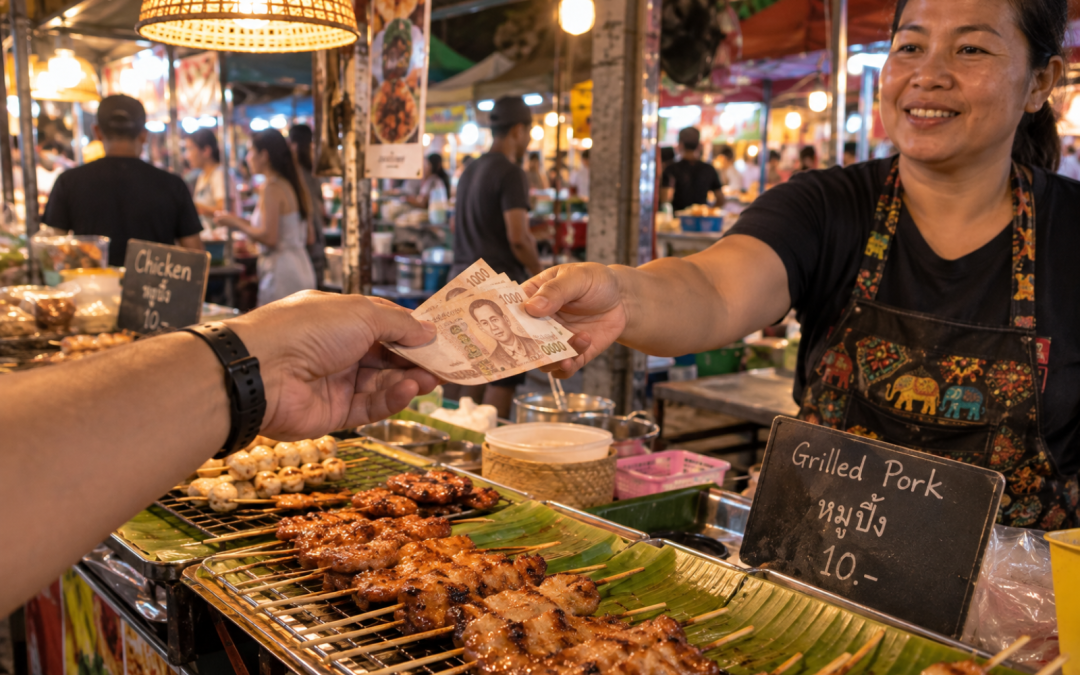 Paiement en espèces sur un marché de nuit thaïlandais