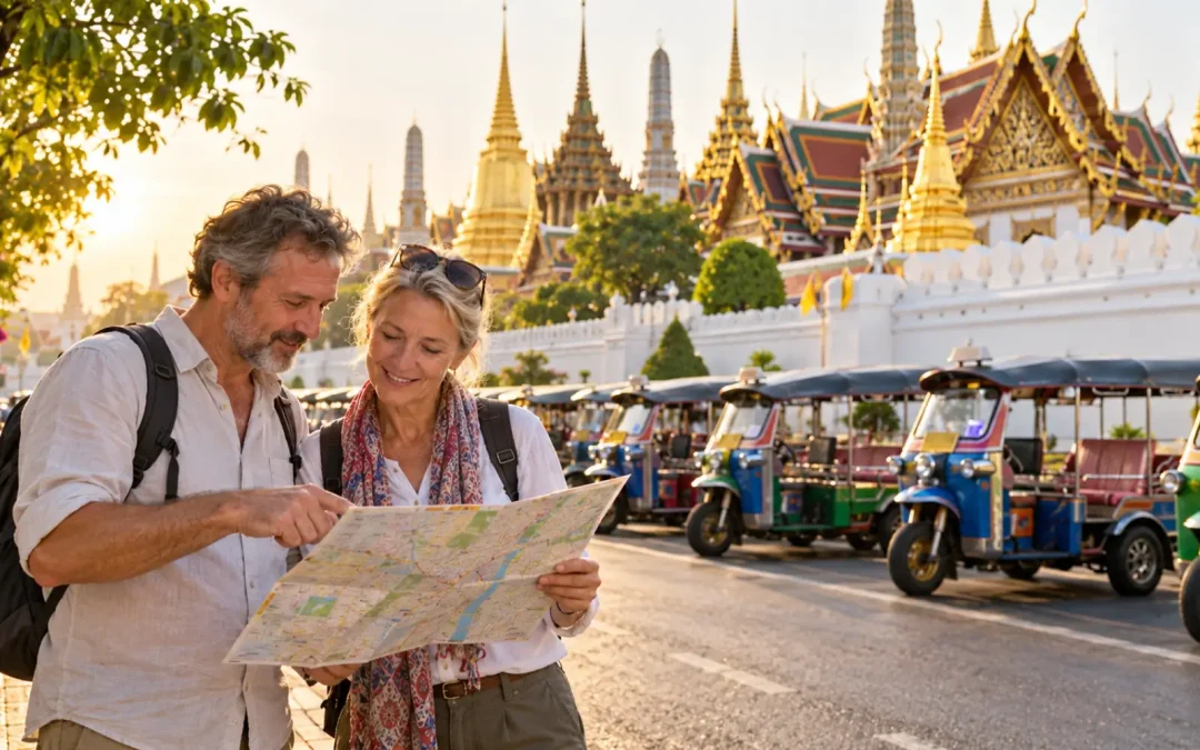 Couple de voyageurs consultant un plan devant une file de tuk tuk arnaques courantes en Thaïlande