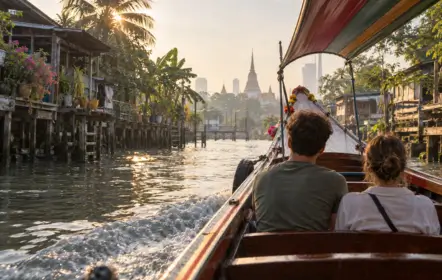 Bateau à longue queue sur un canal de Thonburi à Bangkok au lever du jour, entre maisons sur pilotis