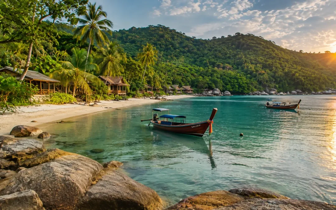 Baie calme bordée de bungalows sous les cocotiers, où dormir à Koh Phangan au calme loin de Haad Rin