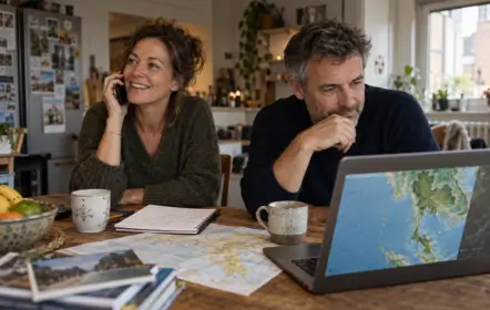 Couple préparant son voyage sur mesure en Thaïlande lors d’un appel, avec une carte du pays affichée sur l’ordinateur